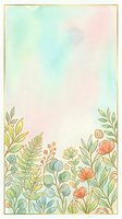 Watercolor floral border card with pastel pink and mint background, green leaves, ferns, and coral flowers with gold frame accents.