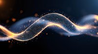 Glowing wave of particles with golden light streaks flowing on dark background, abstract digital visualization for technology and science designs.