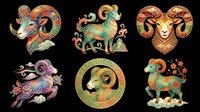 Six ornate Chinese zodiac ram designs in vibrant folk art style, isolated on transparent background. Ready for stickers, sublimation, t-shirt design, and print on demand.