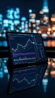 Digital tablet displaying financial trading charts and stock market data with blurred city lights background for investment analysis and trading applications.