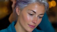 Young woman with silver gray hair and natural makeup smiling gently against blurred bokeh background, expressing serenity and confidence in teal colored attire.