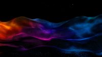Colorful wave of glowing particles flowing in dark space, abstract digital landscape with orange, purple and blue gradient dots forming dynamic terrain surface.