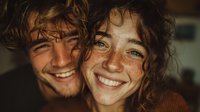 Young couple with curly hair embracing and smiling warmly in golden sunlight, showing genuine happiness and intimate connection in cozy indoor setting.