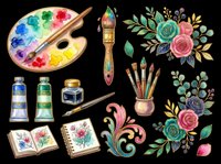 Watercolor artist palette with brush, paint tubes, brushes in holder, open sketchbooks, and decorative floral arrangements, isolated on transparent background. Ready for t-shirt designs, clipart, stickers, print-on-demand products, and sublimation projects.