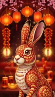 Ornate rabbit with golden patterns sits amid glowing red lanterns and cherry blossoms for Chinese New Year celebration and lunar festival decorations.