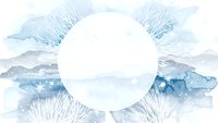 Watercolor winter landscape with snowy mountains and frosted grass around white circle frame for text or logo placement.