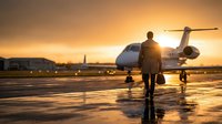 Business executive walking towards private jet at sunset on airport tarmac for luxury travel and corporate aviation concepts.