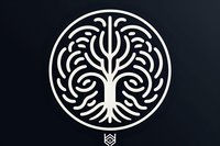 Minimalist white tree of life symbol in circle shape on black background, decorative ornamental design element for spiritual and mystical projects.