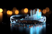 Glowing blue crystal formations rise from petri dish against dark background with golden bokeh lights, creating futuristic scientific atmosphere.