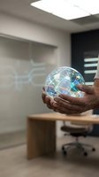 Hands holding glowing digital globe with network connections in modern office environment, representing global technology and business innovation.