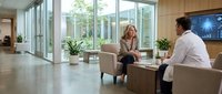 Professional business meeting between blonde woman and man in modern office lobby with large windows and contemporary furniture for corporate communication.