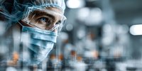 Healthcare professional in protective gear with face mask and cap looking through laboratory glass in medical facility during research.