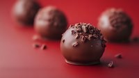 Chocolate truffle with cocoa powder coating on red background with blurred truffles. Luxury confectionery dessert for Valentine's Day celebrations and gifts.