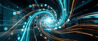 Digital spiral tunnel with glowing cyan and orange light trails creating dynamic motion effect for technology and futuristic design projects.