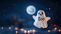 Cute cartoon ghost with boo text floating in night sky with full moon and bokeh lights, spooky halloween character on dark blue background.
