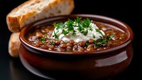 Hearty black bean soup topped with sour cream and fresh herbs in rustic brown ceramic bowl, served with crusty bread slices on dark background.