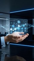 Businessman hand presenting holographic network interface with connected nodes and data visualization in modern office environment for digital transformation.