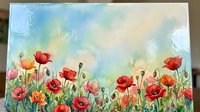 Watercolor poppy field with red orange flowers blooming against soft blue sky background. Spring meadow botanical illustration for home decor and design.