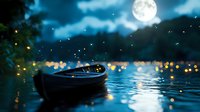 Wooden boat floating on moonlit lake with glowing fireflies and bokeh lights creating magical atmosphere, reflections dancing on rippling water surface at night.