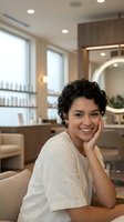 Young woman with short curly dark hair and medium skin tone smiling at camera in modern salon or spa interior with warm lighting, mirrors, and contemporary furnishings for beauty and wellness concepts.