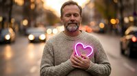 Mature Caucasian man with beard holding glowing pink neon heart on city street at dusk. Concept of love, romance, dating apps, relationships, self-care and emotional wellness.