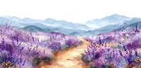 Dreamy lavender field pathway leading through purple meadows toward misty blue mountains, creating a serene landscape for nature and travel designs.
