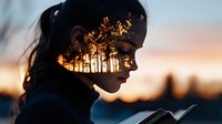 Double exposure silhouette of young woman reading book at sunset combined with tall pine forest trees glowing in golden light against dramatic evening sky.