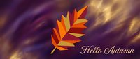 Hello Autumn greeting with stylized orange and yellow leaf on purple and gold blurred background, suitable for seasonal marketing and fall promotional materials.