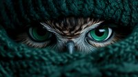 Owl face with piercing green eyes peering through dark teal knitted wool fabric opening, mysterious bird portrait for wildlife and nature designs.