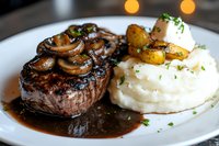 Grilled beef tenderloin steak topped with sauteed mushrooms served alongside creamy mashed potatoes and rich brown gravy sauce garnished with fresh herbs.