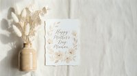 Happy Mother's Day greeting card with dried flowers in ceramic vase on neutral linen background. Elegant feminine flatlay composition for holiday celebration.