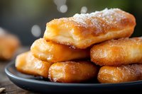 Fresh homemade donuts dusted with powdered sugar stacked on dark plate with blurred background, close up view of sweet pastry dessert for bakery menu.