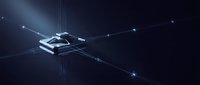 Futuristic microchip with glowing digital connections and light rays on dark background, representing technology, artificial intelligence, and data processing.
