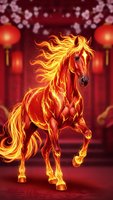 Majestic fire horse with flowing flame mane rearing against red lantern backdrop for Chinese New Year celebration and fantasy art projects.