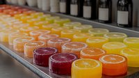 Colorful fruit juice shots arranged in rows showing vibrant red orange yellow and green beverages in small glasses ready for serving at events.
