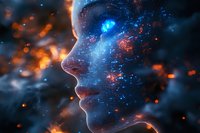 Mystical female profile silhouette with glowing blue and orange particles, cosmic energy effect against dark background creating ethereal atmosphere.