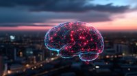 Glowing neural network brain visualization floating over city skyline at sunset, with red and blue light connections representing artificial intelligence.