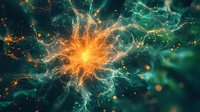 Glowing orange and turquoise cosmic explosion with lightning-like energy streams and particles in deep space, creating dynamic abstract celestial formation against dark background.