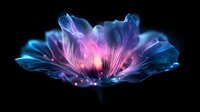 Glowing magical flower with luminescent blue and pink petals against dark background, ethereal light emanating from center creating mystical nature atmosphere.