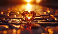 Heart shaped autumn leaf backlit by golden sunset light creates romantic mood on wet surface with bokeh reflections and water drops. Natural love symbol.