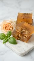 Handmade natural soap bars with botanical ingredients displayed on marble with fresh peach rose and basil leaves for spa, wellness and skincare product marketing.