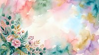 Watercolor floral background with soft pink, green, and golden hues blending into white space, featuring botanical elements and roses for design projects.