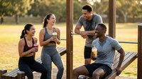 Diverse group of young adults relaxing after outdoor workout at park pavilion during golden hour sunset with fitness equipment and healthy lifestyle.