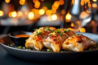 Grilled cod fillets garnished with fresh herbs and spices on dark plate, served with sauce against blurred warm bokeh lights background in restaurant setting.