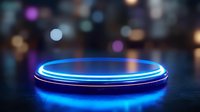 Glowing blue neon circle platform with light reflection on dark background with bokeh lights, futuristic display stage for product presentation.