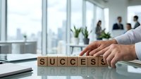 Business professional arranging wooden letter blocks spelling SUCCESS on office desk with team meeting in background for corporate achievement concepts.