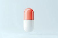 Single pharmaceutical capsule in coral pink and white colors floating on light background with soft shadow, isolated medical pill for healthcare designs.