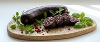 Dark chocolate blood sausage sliced on wooden board with fresh herbs and peppercorns for gourmet cooking and traditional cuisine preparation.