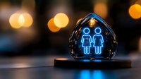 Glowing blue neon couple symbol inside crystal heart shape with bokeh lights background creates romantic mood for relationship and love concepts.