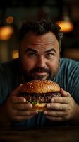 Bearded middle-aged Caucasian man in teal shirt holding large hamburger with excited expression, warm restaurant lighting creates cozy atmosphere. Perfect for food advertising.